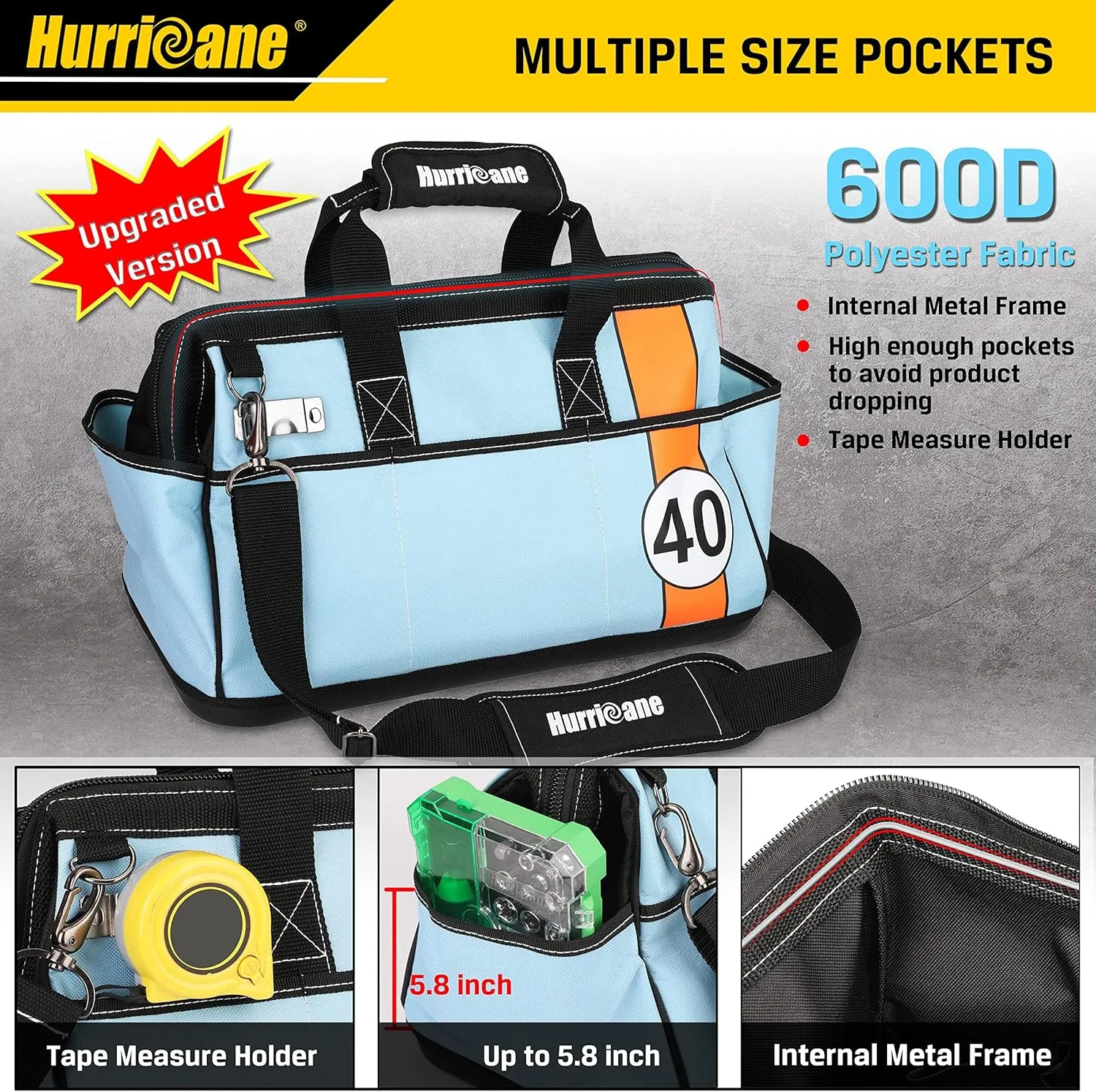 HURRICANE 16 inch Wide Mouth Tool Bag with Water Proof Molded Base with Extra Shoulder Strap, Racing theme-Blue, Multi Pockets, Large Inner Space