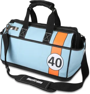 HURRICANE 16 inch Wide Mouth Tool Bag with Water Proof Molded Base with Extra Shoulder Strap, Racing theme-Blue, Multi Pockets, Large Inner Space