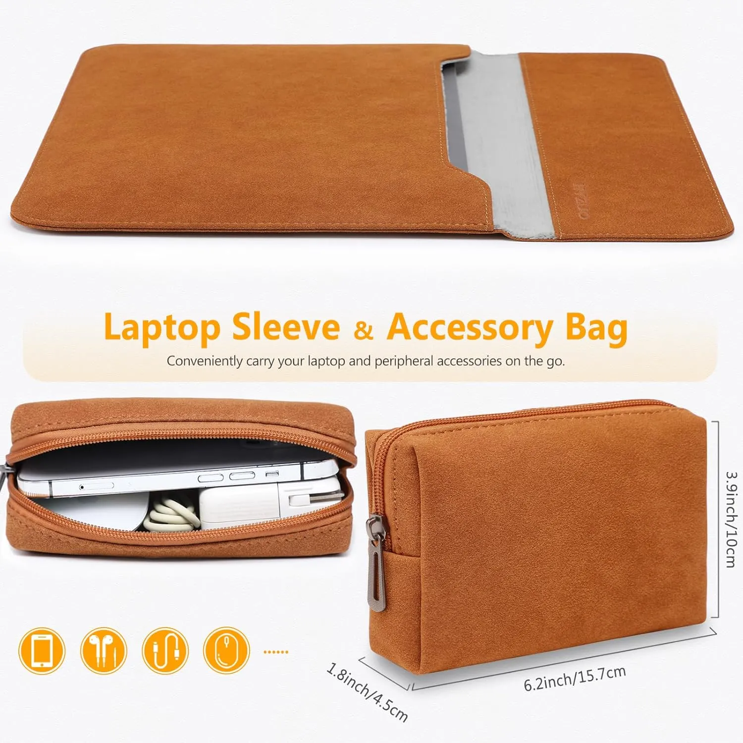 HYZUO 15-16 Inch Laptop Sleeve for MacBook Pro 16 M4/M3/M2/M1 A3403 A3186 A2991 A2780 2025-2019, MacBook Pro 15 2015-2012 A1398, XPS 15, Faux Suede Leather Case with Accessory Bag, Brown