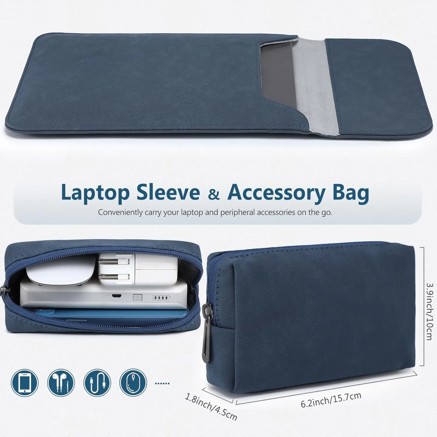 HYZUO 15 Inch Laptop Sleeve Bag for MacBook Air 15 M4 A3241 M3 M2 2025-2023, 15" Surface Laptop 7/6/5/4/3, MacBook Pro 15 2019-2016, Faux Suede Leather Case Cover with Carry Pouch, Navy Blue