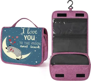 I Love You To The Moon,Makeup Bag Cosmetic Travel Bag with Hanging Hook,Sleepy Cat Holding Hearts Over The Moon,Water-resistant Make Up Bag Organizer for,Full-size Container,Blue Yellow
