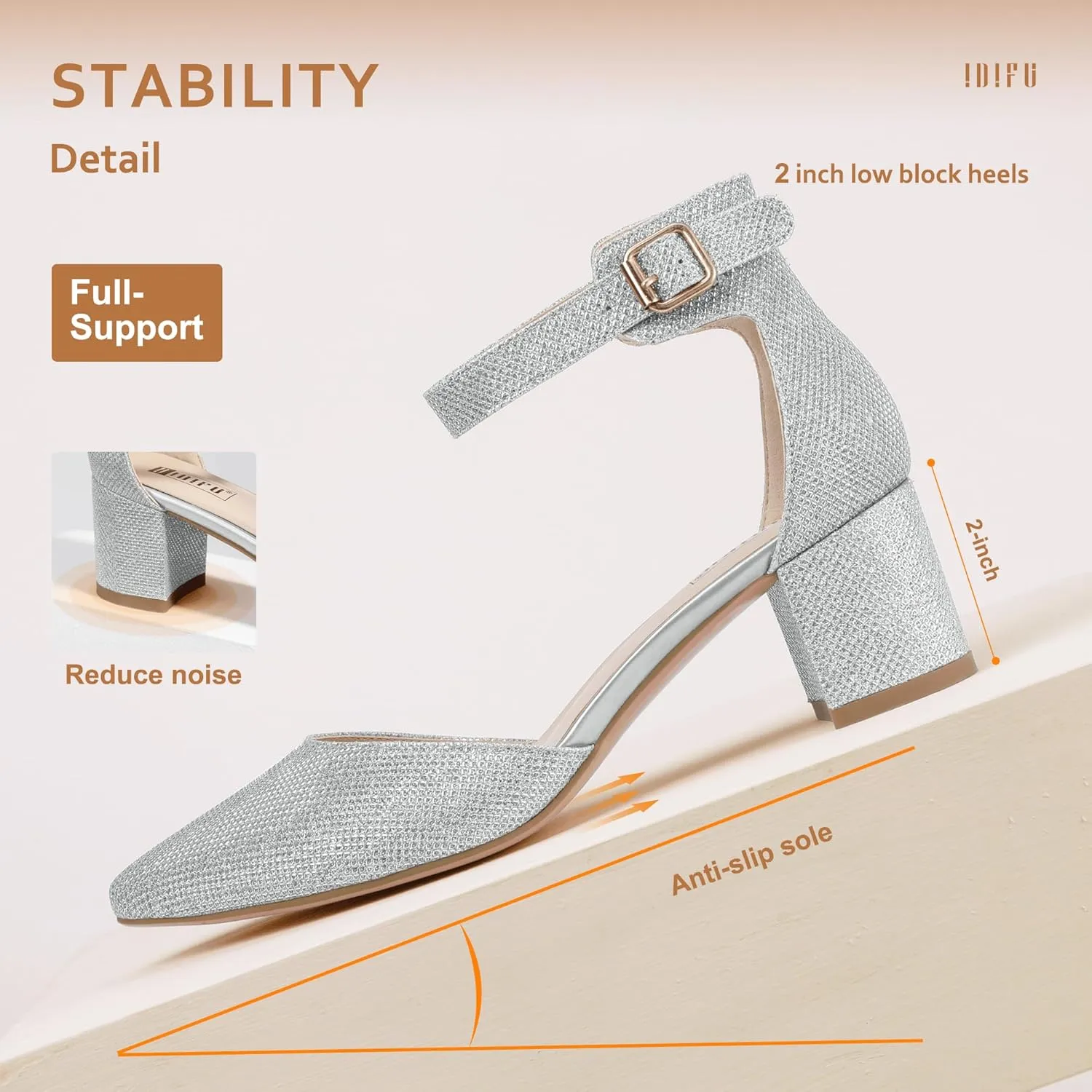 IDIFU Women's IN2 Pedazo Dress Shoes Low Block Heels Comfortable Chunky Closed Toe Ankle Strap Wedding Pumps