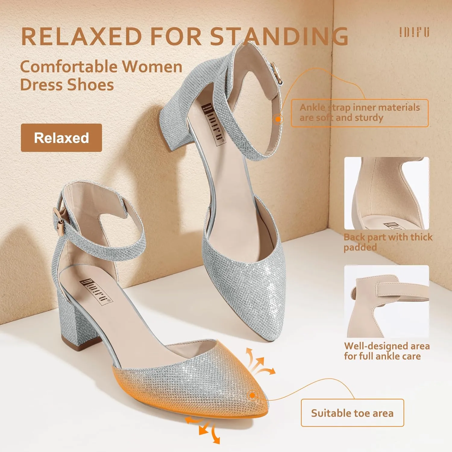 IDIFU Women's IN2 Pedazo Dress Shoes Low Block Heels Comfortable Chunky Closed Toe Ankle Strap Wedding Pumps