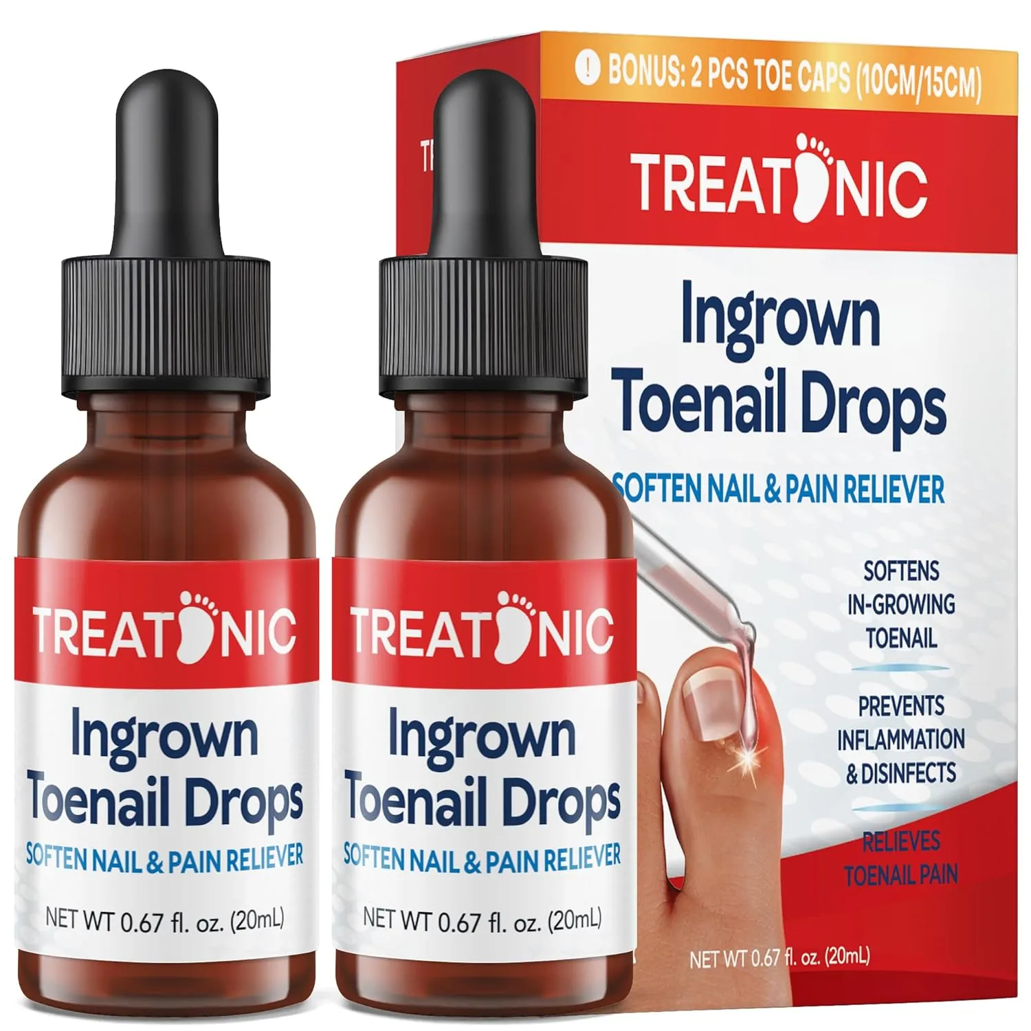 Ingrown Toenail Treatment Drops - Ingrown Toenail Softener and Reliever Kit for Easy Trimming with Silicone Gel Toe Caps - 2 Pack