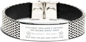 Inspirational Stainless Steel Bracelet, If at first you don't succeed, try doing what your athletic trainer told you to do the first time., Gifts for Operations Manager Engraved Message