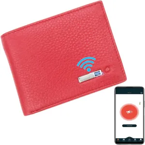 Intelligent Anti-Lost Purse with Alarm, Bluetooth, Position Record (via Phone GPS), Bifold Cowhide Leather Minimalist Credit Card Purse (Red, Horizontal)