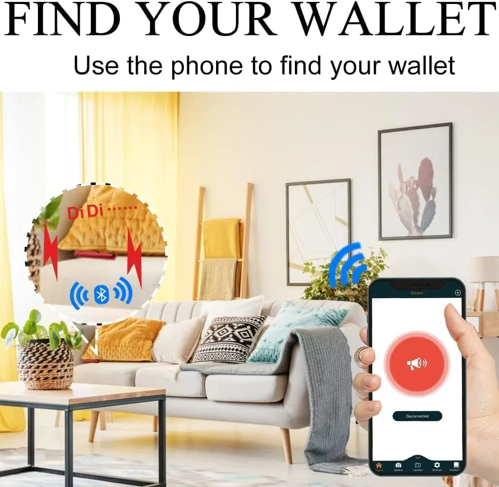 Intelligent Anti-Lost Purse with Alarm, Bluetooth, Position Record (via Phone GPS), Bifold Cowhide Leather Minimalist Credit Card Purse (Red, Horizontal)