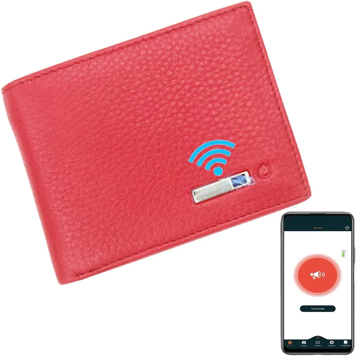 Intelligent Anti-Lost Purse with Alarm, Bluetooth, Position Record (via Phone GPS), Bifold Cowhide Leather Minimalist Credit Card Purse (Red, Horizontal)