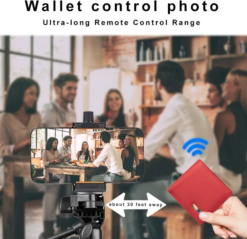 Intelligent Anti-Lost Purse with Alarm, Bluetooth, Position Record (via Phone GPS), Bifold Cowhide Leather Minimalist Credit Card Purse (Red, Horizontal)