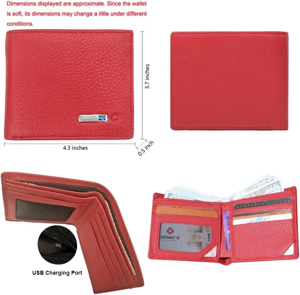 Intelligent Anti-Lost Purse with Alarm, Bluetooth, Position Record (via Phone GPS), Bifold Cowhide Leather Minimalist Credit Card Purse (Red, Horizontal)