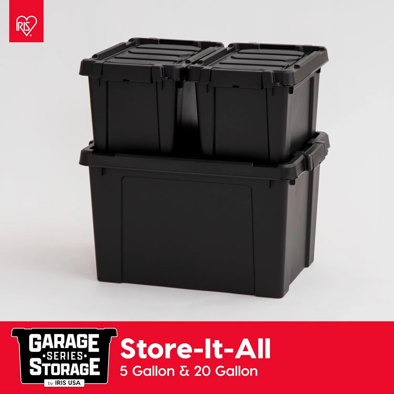 IRIS USA 5 Gallon Lockable Storage Bins with Lids, 6 Pack - Made in USA, Heavy Duty, Stackable Containers, Garage Organizing Bins Moving Tubs, Rugged Sturdy Equipment Utility Box - Black