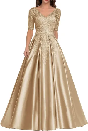 ISABUFEI Long Mother of The Brid Dresses Formal Evening Dress Lace Appliques Prom Dresses with Sleeves for Wedding
