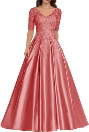 ISABUFEI Long Mother of The Brid Dresses Formal Evening Dress Lace Appliques Prom Dresses with Sleeves for Wedding