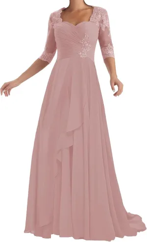 ISABUFEI Mother of The Bride Dresses with Sleeves Long Formal Evening Dress Lace Appliques Wedding Guest Dresses for Women