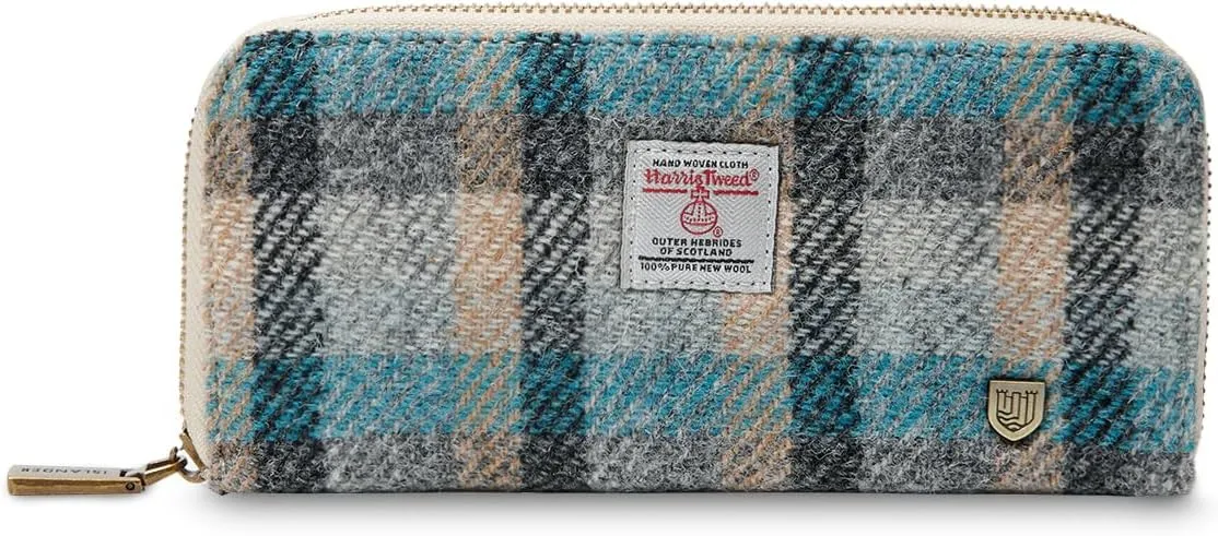 Islander HarrisTweed & PU Leather women’s long zip purse, Islander Tartan, Carry Cash & card, Scottish Style