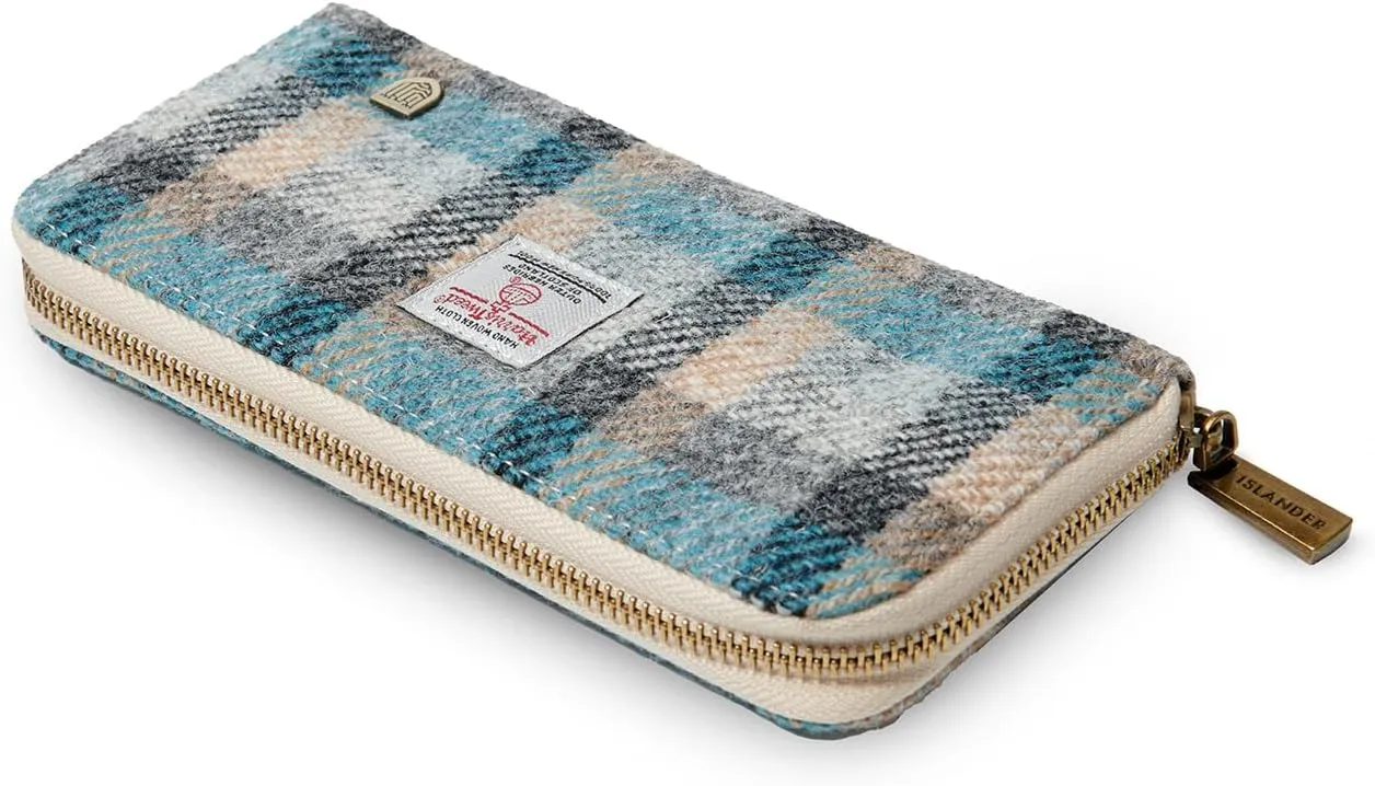 Islander HarrisTweed & PU Leather women’s long zip purse, Islander Tartan, Carry Cash & card, Scottish Style