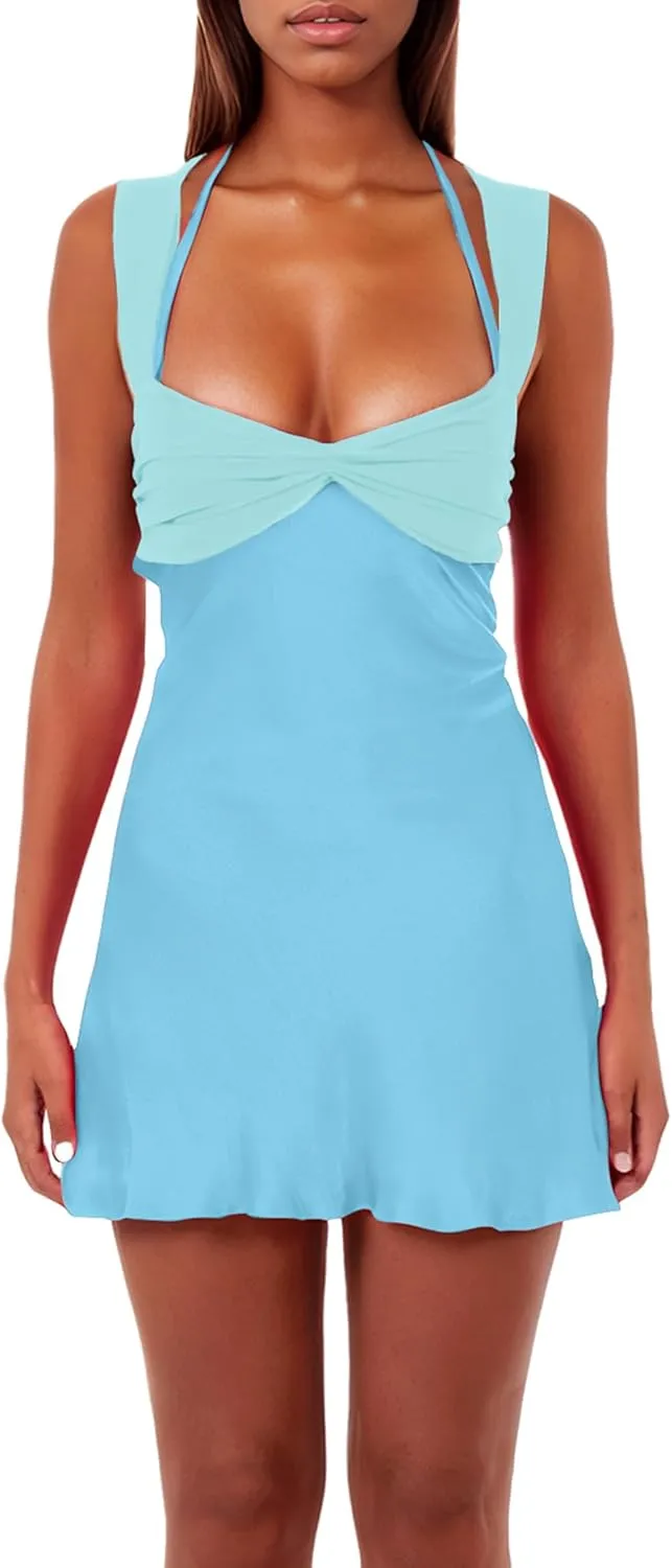 ISZPLUSH Women’s Mini Dress Patchwork Sleeveless Strapless Lace Up High Waist A-line Elegant Party Clubwear Short Dress