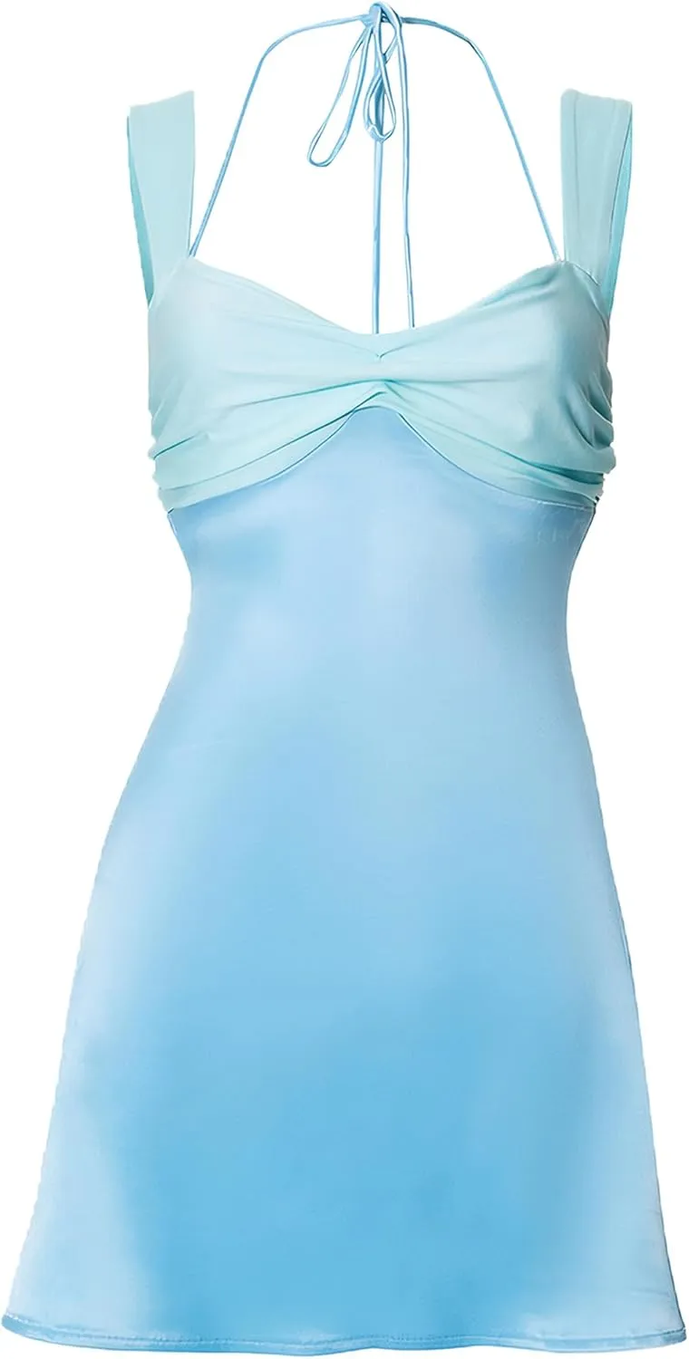 ISZPLUSH Women’s Mini Dress Patchwork Sleeveless Strapless Lace Up High Waist A-line Elegant Party Clubwear Short Dress
