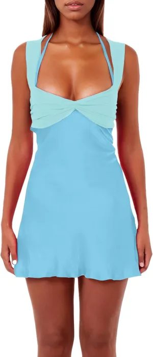ISZPLUSH Women’s Mini Dress Patchwork Sleeveless Strapless Lace Up High Waist A-line Elegant Party Clubwear Short Dress