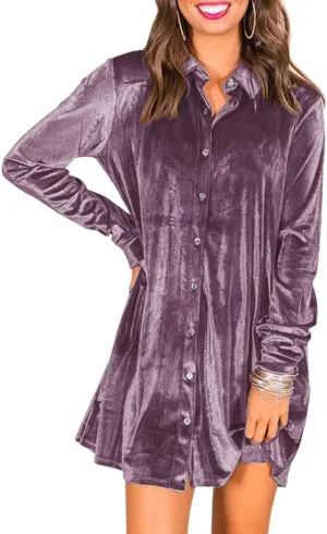 Ivay Women's Spring Button Down Tshirt Dresses Velvet Tunic Dress with Pockets