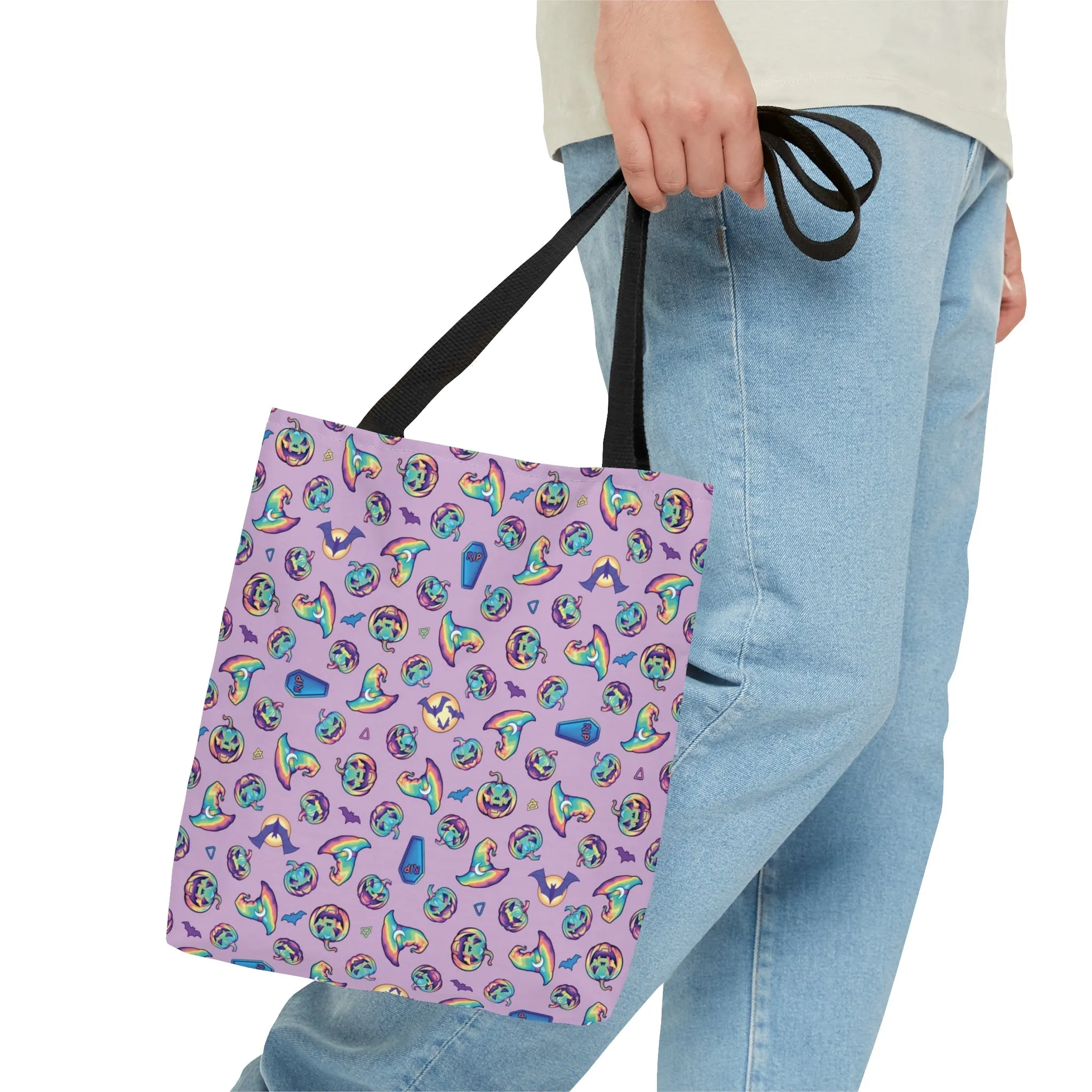Jack-o’-Lanterns, Bats & Witch Hats Tote Bag - Purple