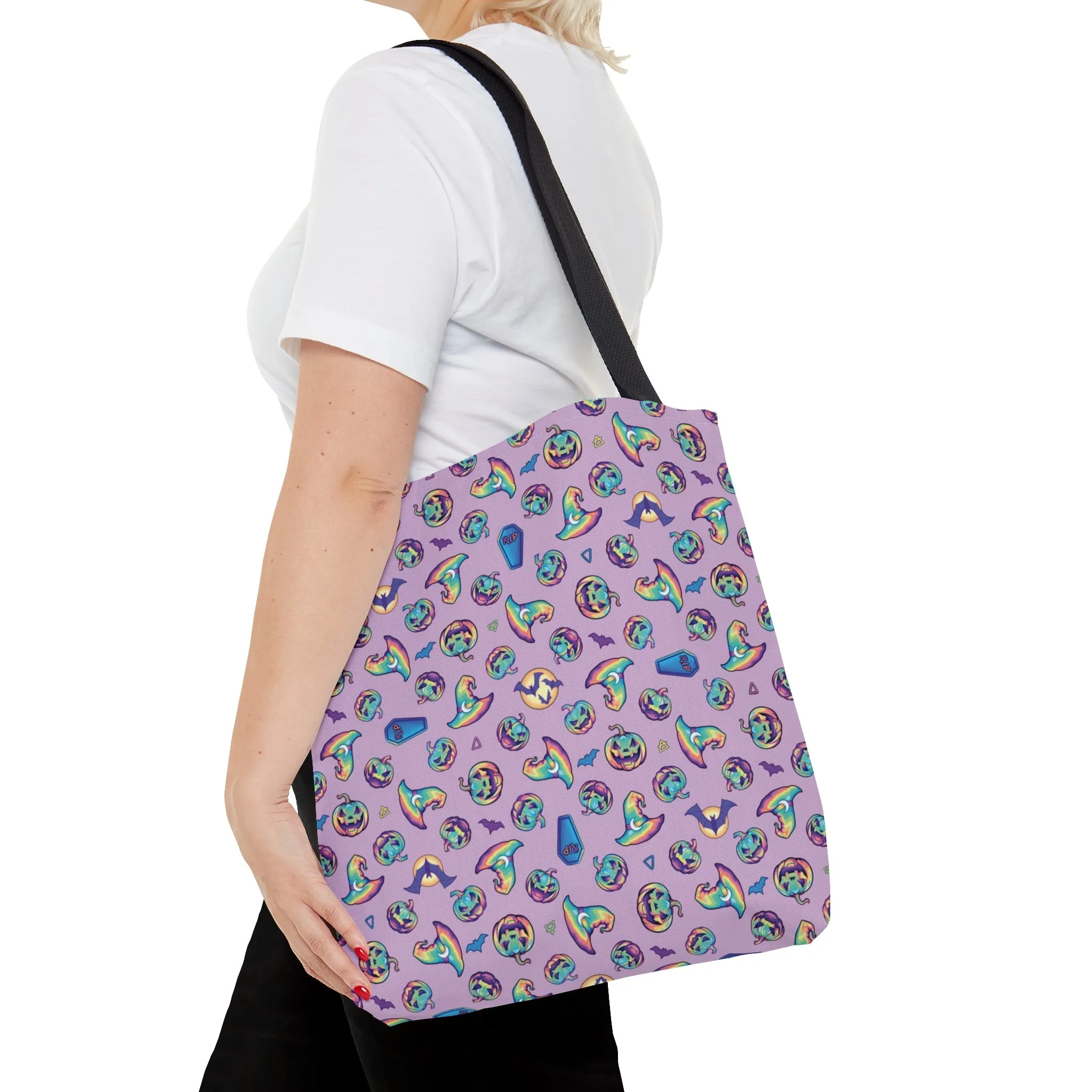 Jack-o’-Lanterns, Bats & Witch Hats Tote Bag - Purple