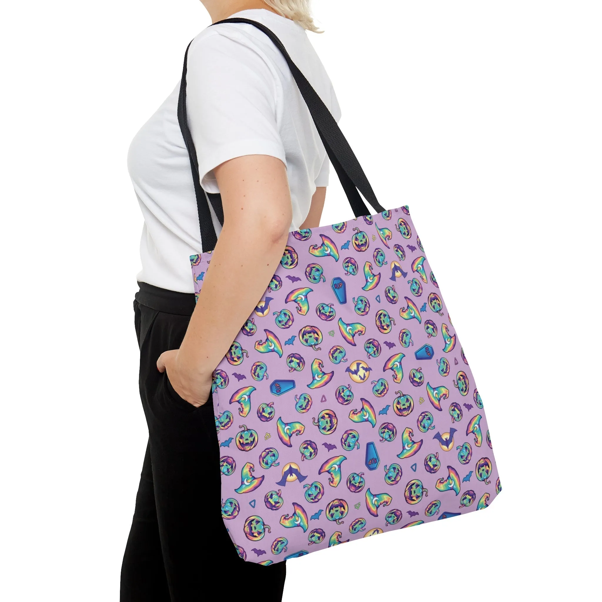 Jack-o’-Lanterns, Bats & Witch Hats Tote Bag - Purple