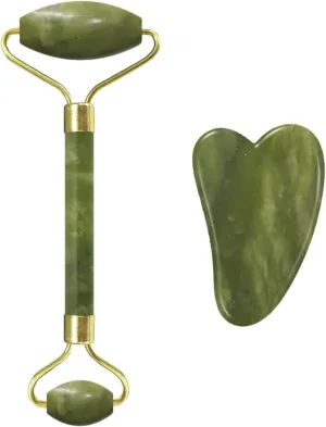 Jade Face Roller Gua Sha Facial Massager 100% Natural Real Stone Gouache Scraper Face Skin Care Massage Tools,Massage Roller-Set L