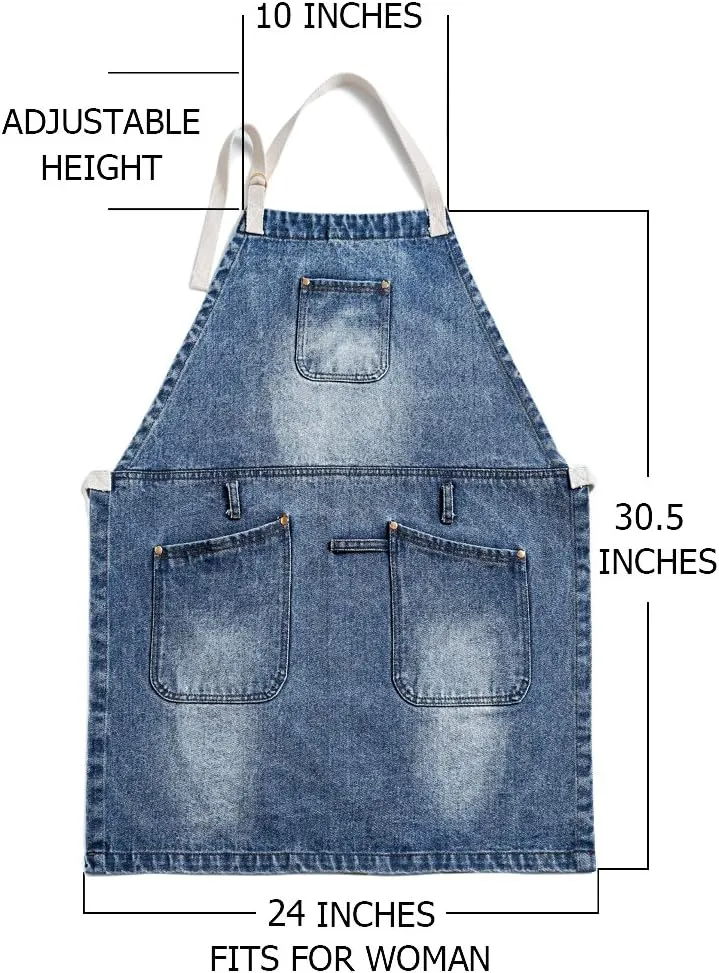 Jeanerlor Cowboy Heavy Duty Denim Work Apron with Tool Pockets for Hair Stylist Gardening Craftsmen Barista Hairdresser Adjustable up to L for Women