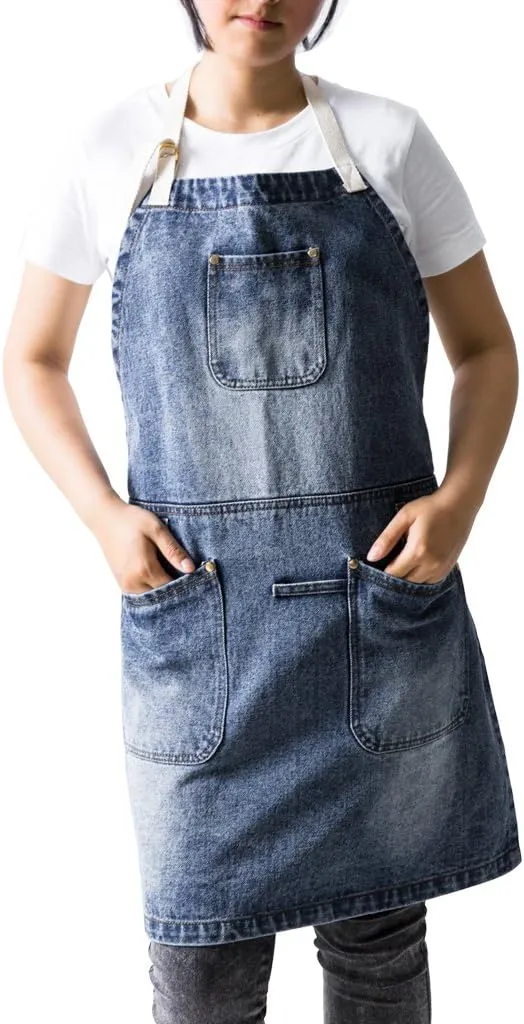 Jeanerlor Cowboy Heavy Duty Denim Work Apron with Tool Pockets for Hair Stylist Gardening Craftsmen Barista Hairdresser Adjustable up to L for Women