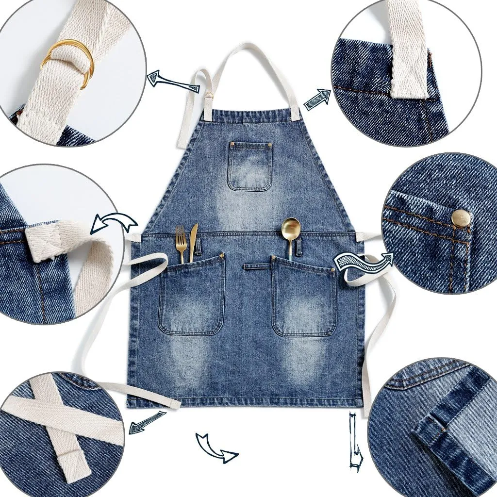 Jeanerlor Cowboy Heavy Duty Denim Work Apron with Tool Pockets for Hair Stylist Gardening Craftsmen Barista Hairdresser Adjustable up to L for Women