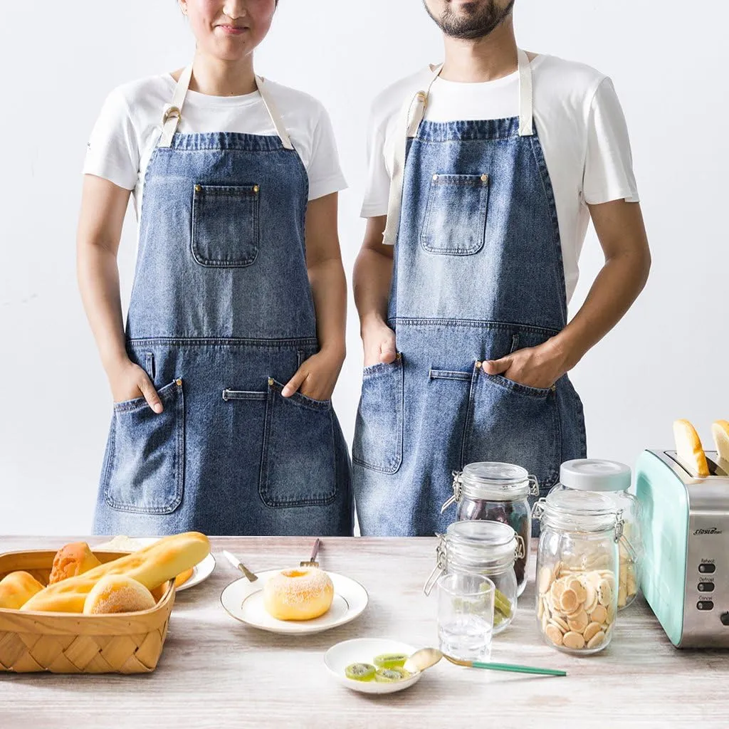 Jeanerlor Cowboy Heavy Duty Denim Work Apron with Tool Pockets for Hair Stylist Gardening Craftsmen Barista Hairdresser Adjustable up to L for Women