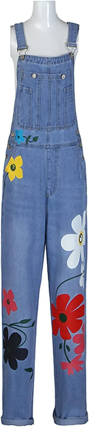 JEKE-DG Women's Adjustable Strap Denim Overalls Casual Floral Printed Baggy Loose Bib Jeans Pants Suspender Denim with Pocket