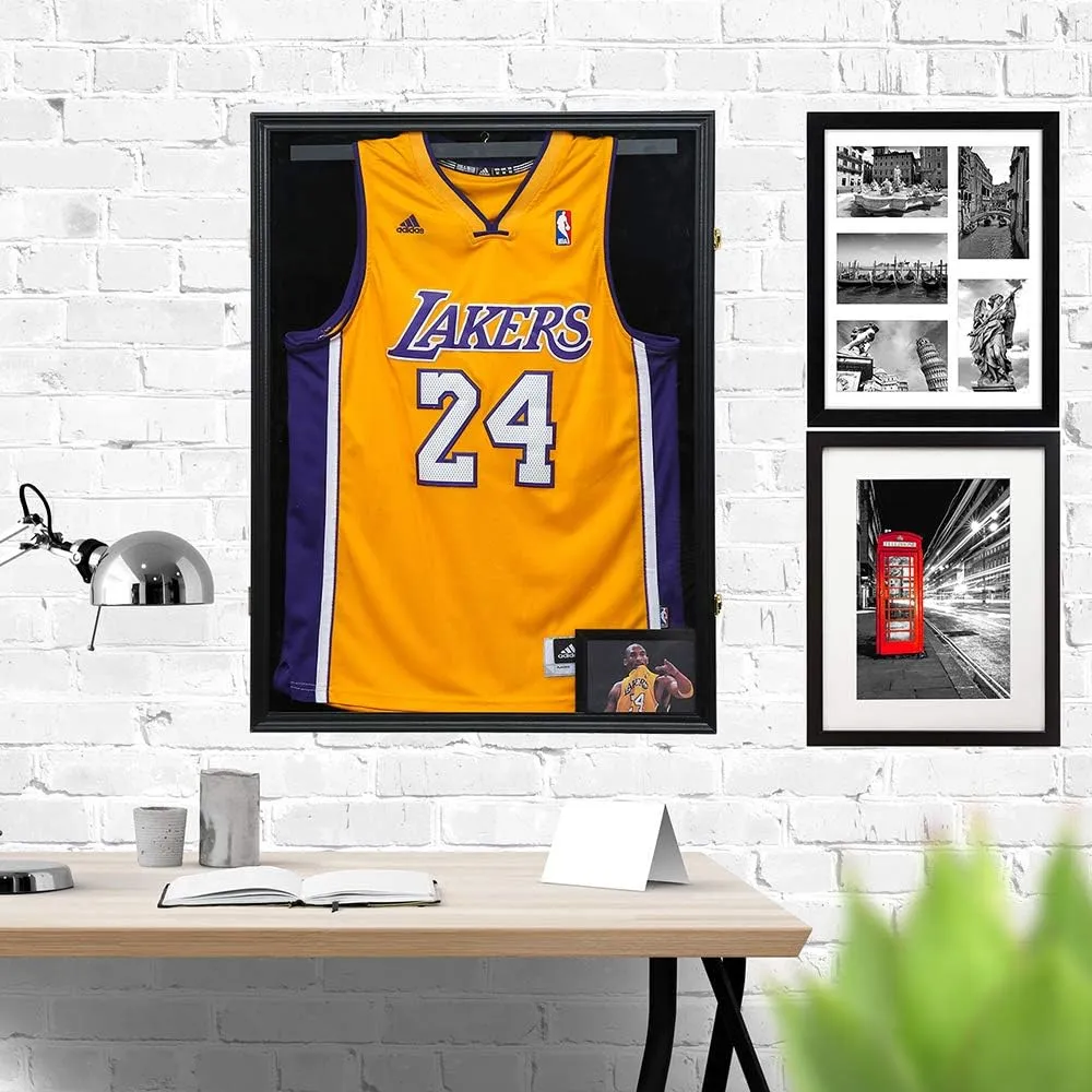 Jersey Display Frame Case Large Lockable Frames Shadow Box with UV Protection Acrylic for Baseball Basketball Football Soccer Hockey Sport Shirt, Bonus A 4"x6" Photo Frame, Black Finish