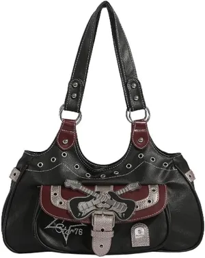 JHTPSLR Rivet Belt Punk Y2k Leather Shoulder Purse for Women Guitar Star Dark Grunge Goth Bag 2000s Streetwear