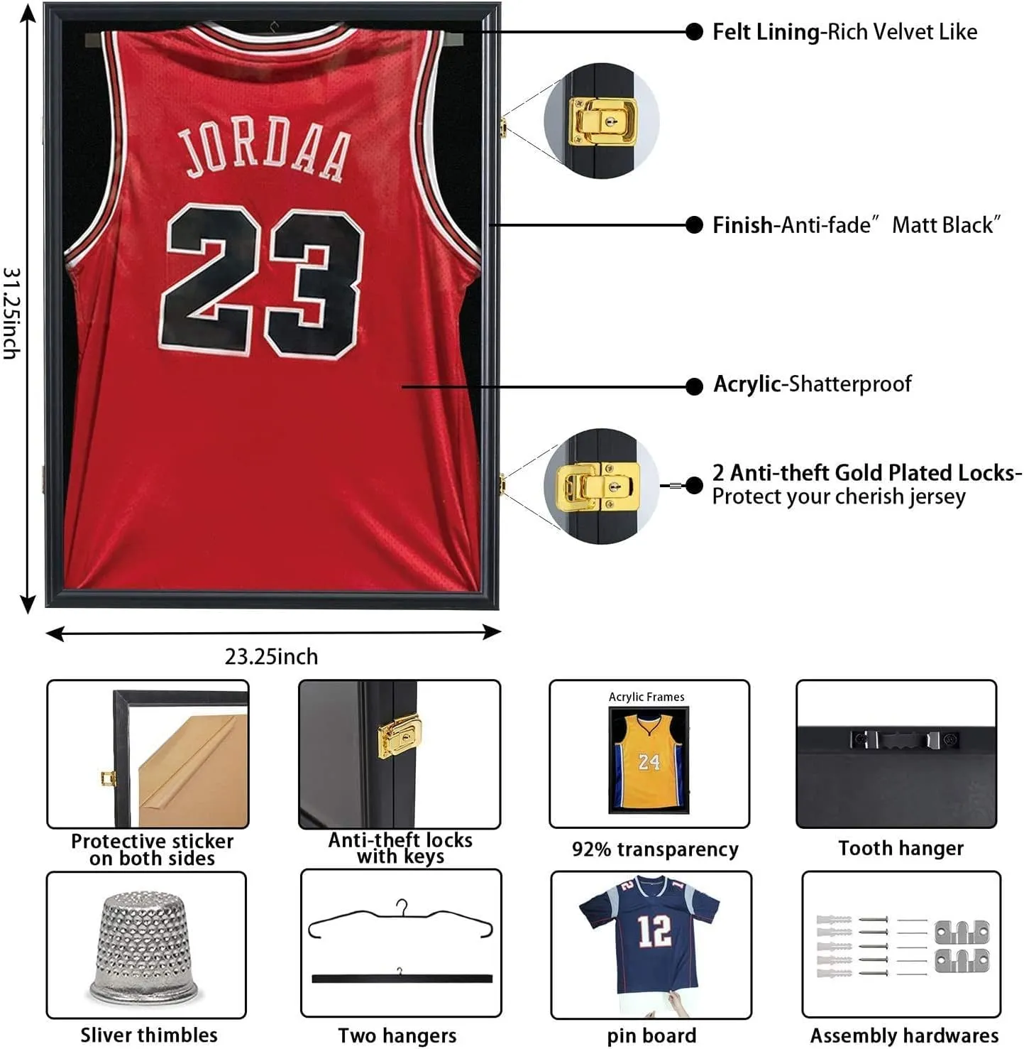Jinchuan Jersey Frame Display Case Shadow Box Lockable with UV Protection for Baseball Basketball Football Soccer Hockey Sport Shirt
