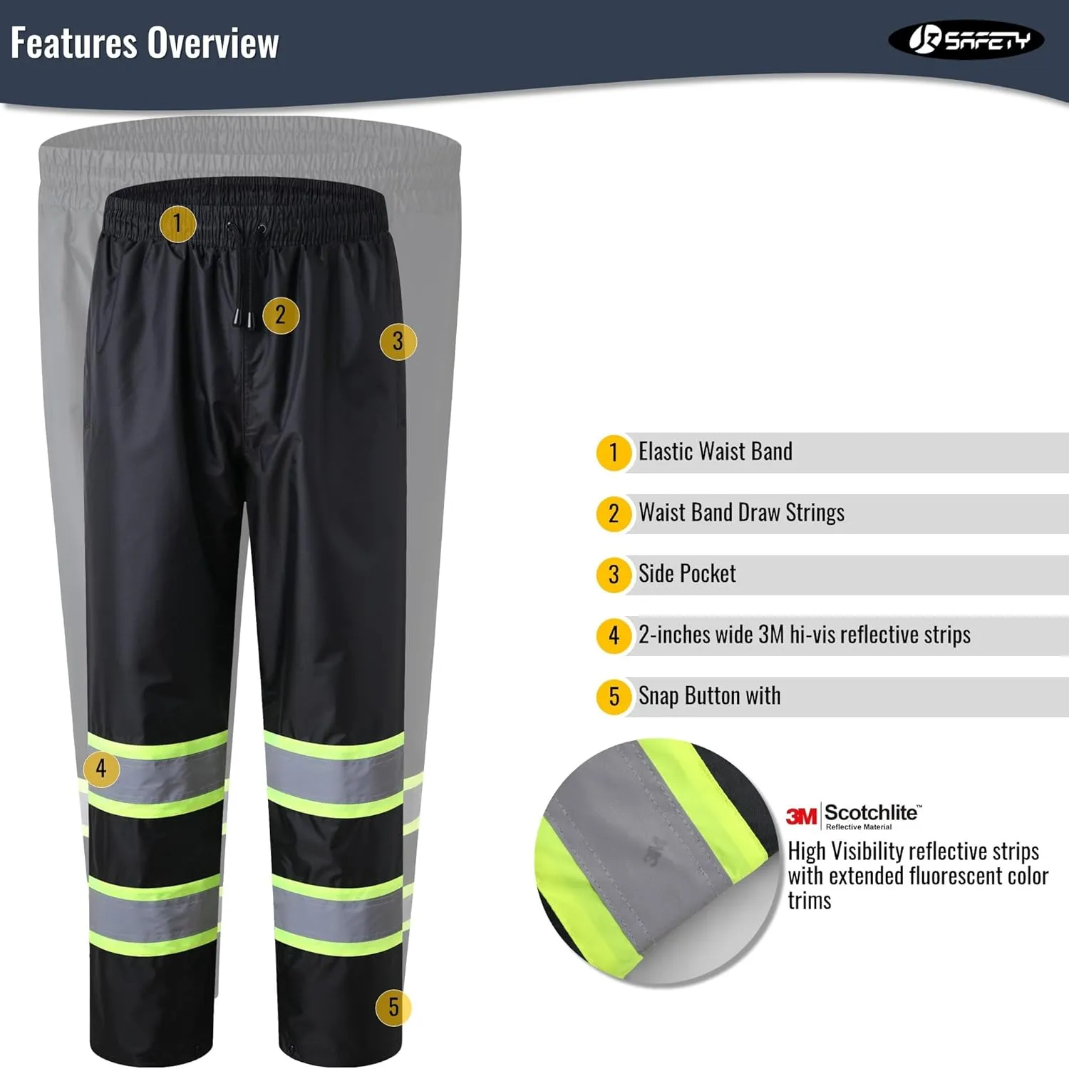 JKSafety Hi-Vis Rain Pants for Men Women Waterproof 3M Scotchlite Reflective Safety Rain Trousers Water-Resistance HV Gears for Farming Fishing Sports Works Inner Mesh Lining (114-Black XXL)