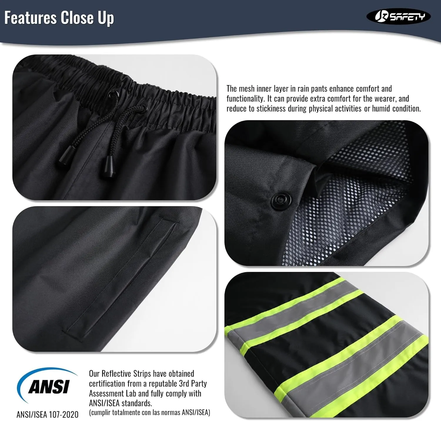 JKSafety Hi-Vis Rain Pants for Men Women Waterproof 3M Scotchlite Reflective Safety Rain Trousers Water-Resistance HV Gears for Farming Fishing Sports Works Inner Mesh Lining (114-Black XXL)