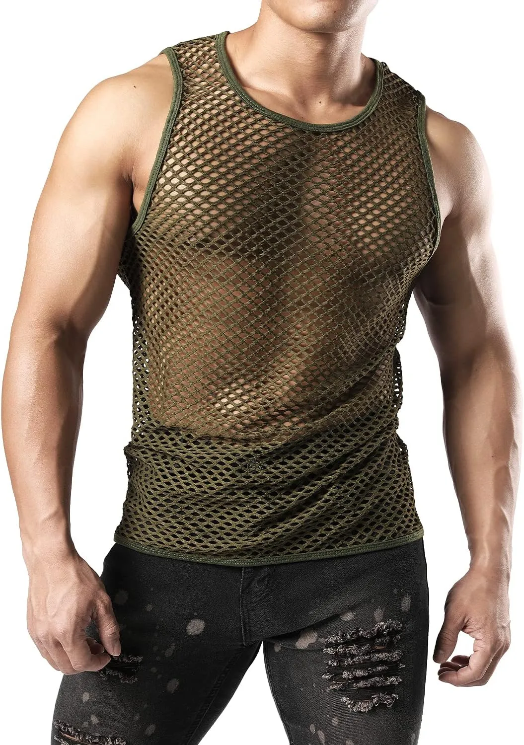 JOGAL Men's Mesh Fishnet Fitted Sleeveless Muscle Top