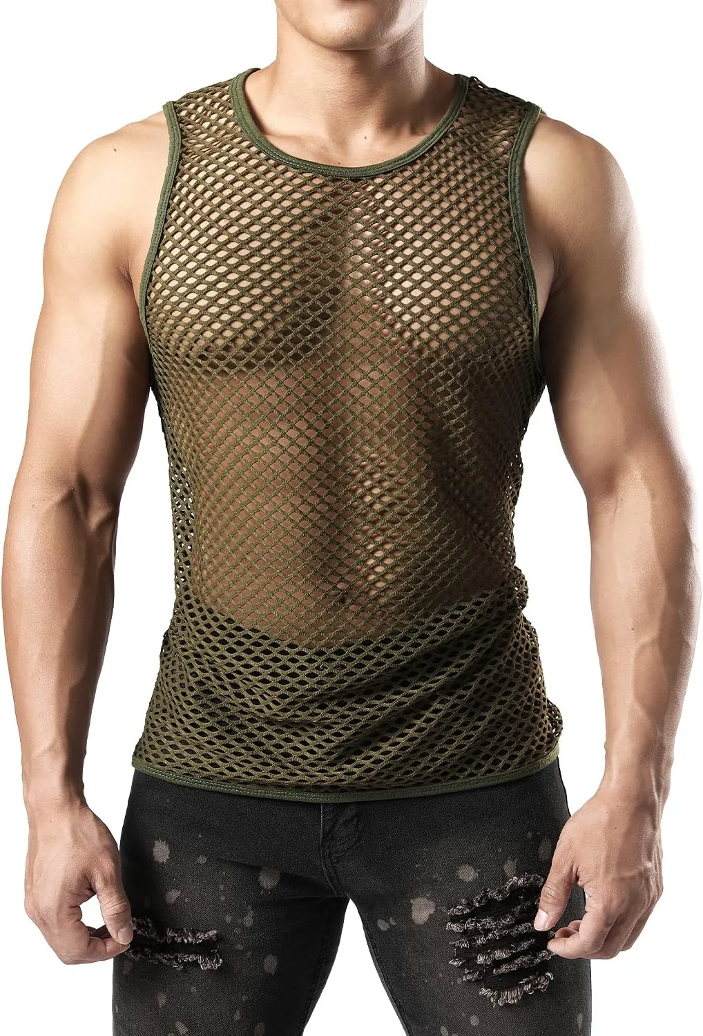 JOGAL Men's Mesh Fishnet Fitted Sleeveless Muscle Top