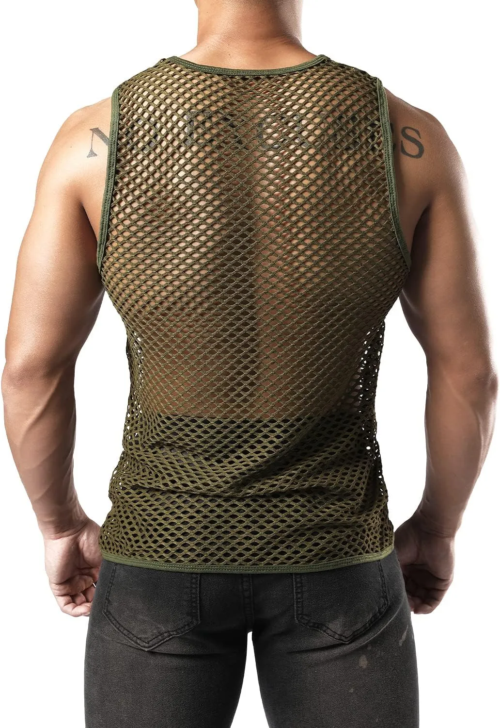 JOGAL Men's Mesh Fishnet Fitted Sleeveless Muscle Top