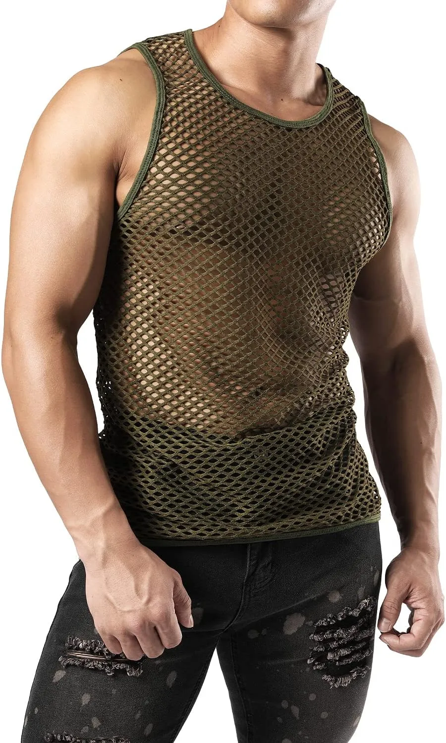 JOGAL Men's Mesh Fishnet Fitted Sleeveless Muscle Top