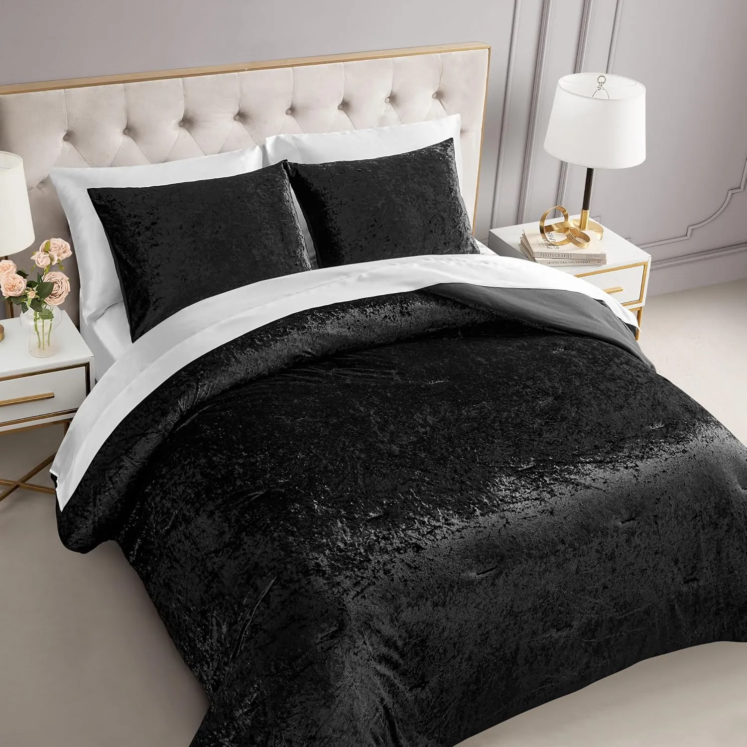 Juicy Couture Crushed Velvet Twin Comforter and Sham Set, 2-Piece Twin/Twin XL Bedding Set - (1) 68"x90" Comforter and (1) 20"x26" Sham - Black