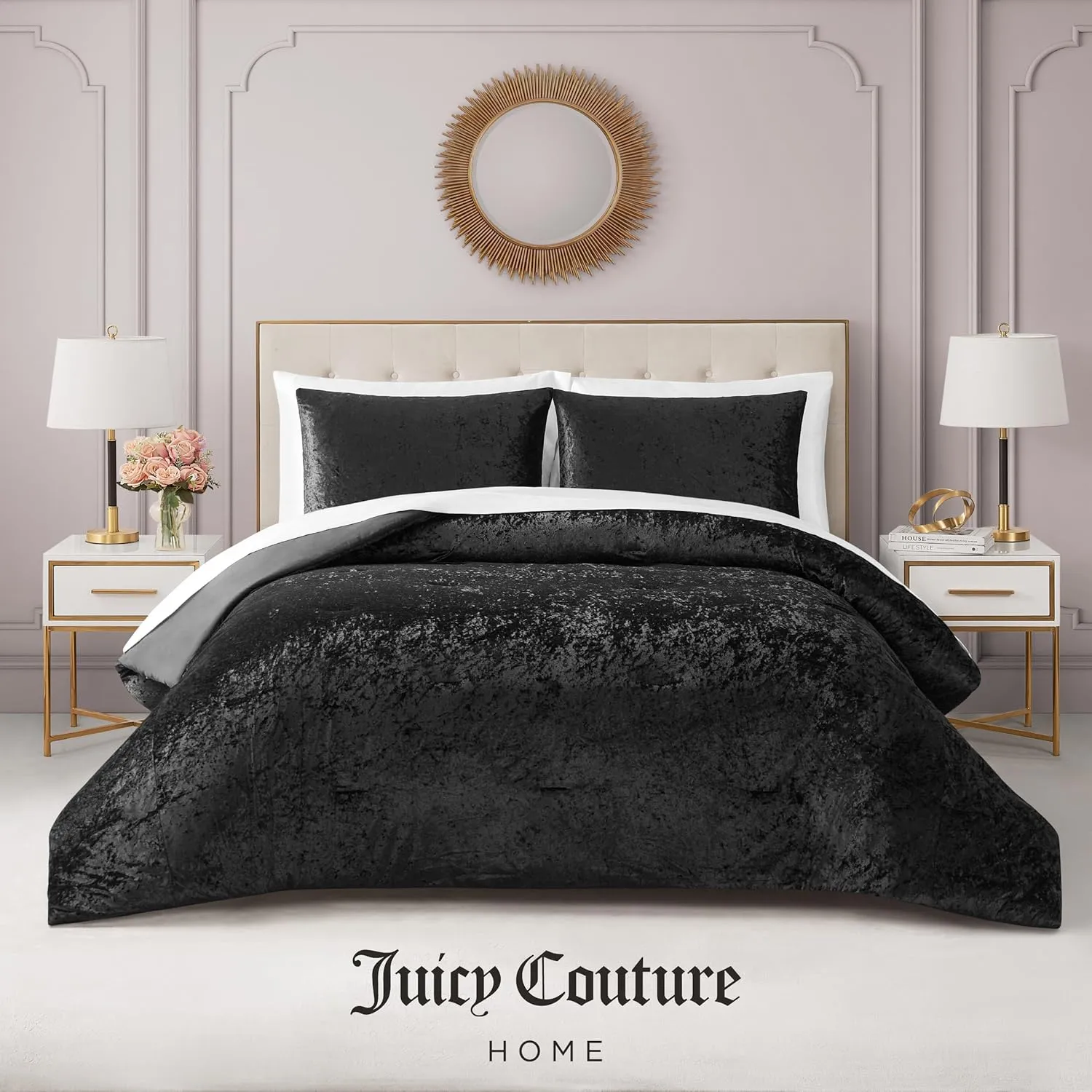 Juicy Couture Crushed Velvet Twin Comforter and Sham Set, 2-Piece Twin/Twin XL Bedding Set - (1) 68"x90" Comforter and (1) 20"x26" Sham - Black