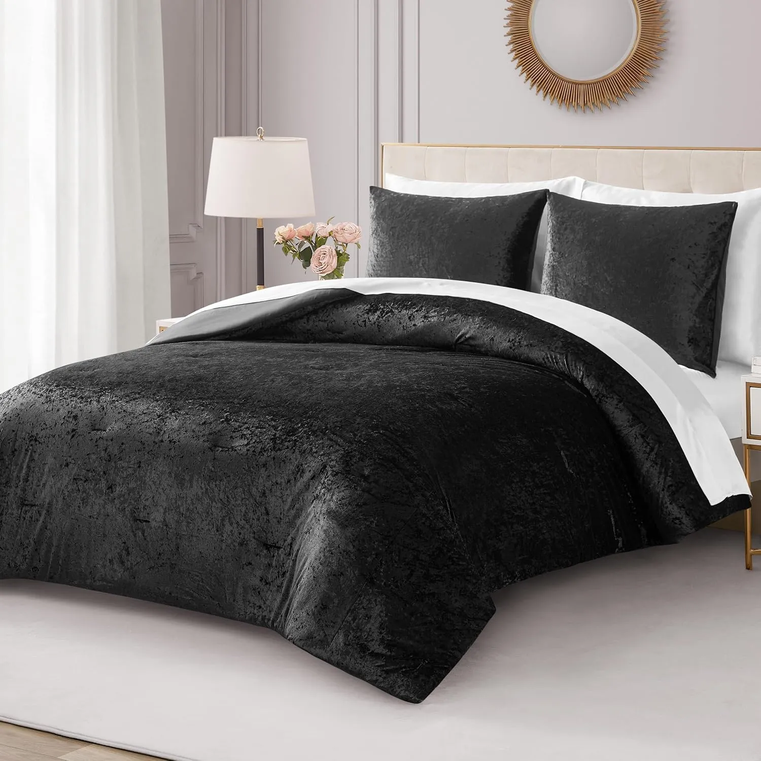 Juicy Couture Crushed Velvet Twin Comforter and Sham Set, 2-Piece Twin/Twin XL Bedding Set - (1) 68"x90" Comforter and (1) 20"x26" Sham - Black