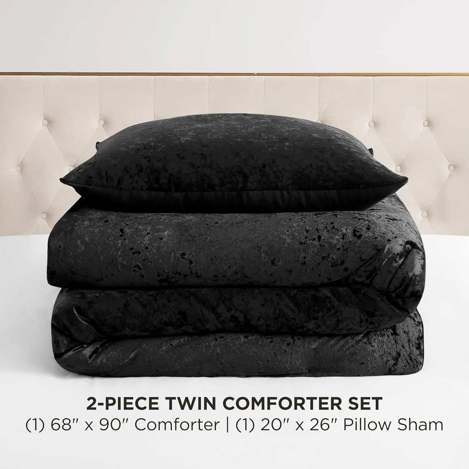 Juicy Couture Crushed Velvet Twin Comforter and Sham Set, 2-Piece Twin/Twin XL Bedding Set - (1) 68"x90" Comforter and (1) 20"x26" Sham - Black
