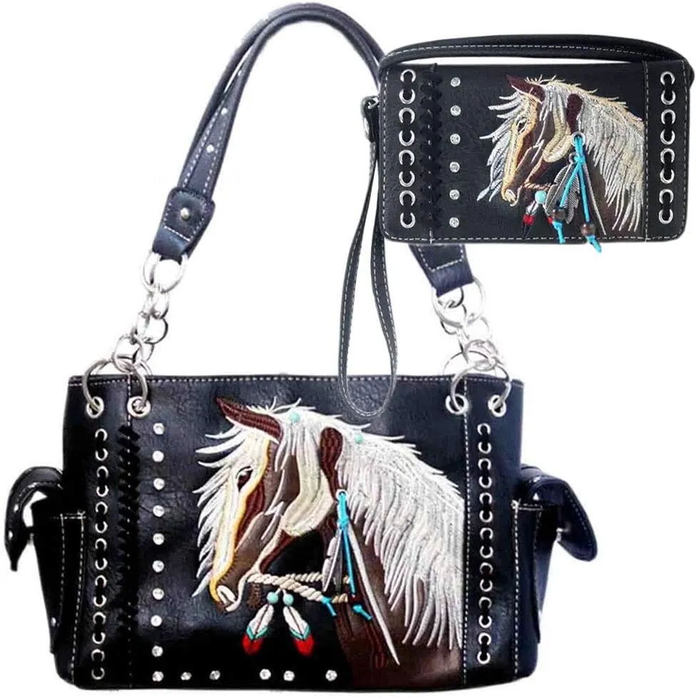 Justin West Dales Pony Horse White Mane Embroidery Feather Conceal Carry Women Handbag Purse