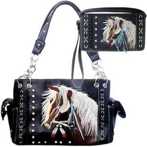 Justin West Dales Pony Horse White Mane Embroidery Feather Conceal Carry Women Handbag Purse