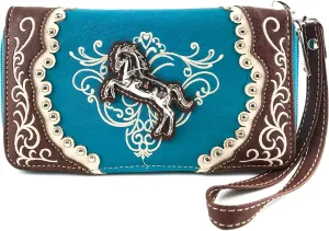 Justin West Horse Embroidery Studded Concealed Carry Handbag Purse Matching Wallet (Turquoise flat wallet)