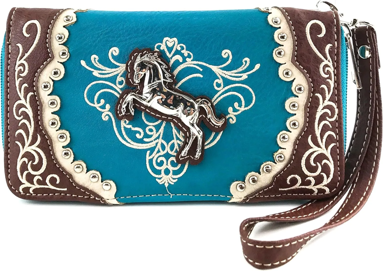 Justin West Horse Embroidery Studded Concealed Carry Handbag Purse Matching Wallet (Turquoise flat wallet)